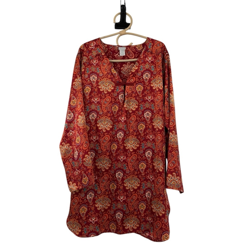 Cacique Paisley Satin Sleep Tunic Top Red Boho Floral Long Sleeve Size Large